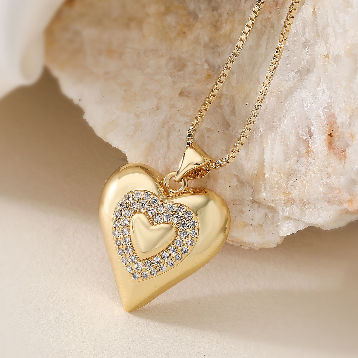 Minimalist Vintage Gold Plated Cubic Zirconia Heart Pendant Necklace