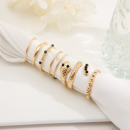 Vintage Punk Geometric Snake Ring Set with Black Rhinestones Alloy Plated 7-Piece Knuckle Rings