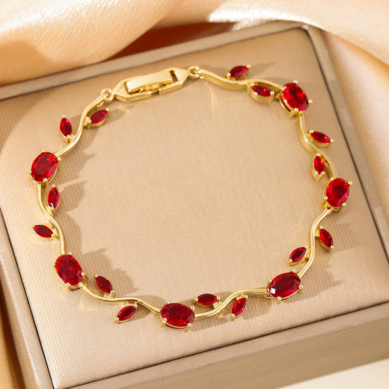 Luxury Gold Plated Brass Leaf Bracelet with Cubic Zirconia Inlay Unisex Floral Design