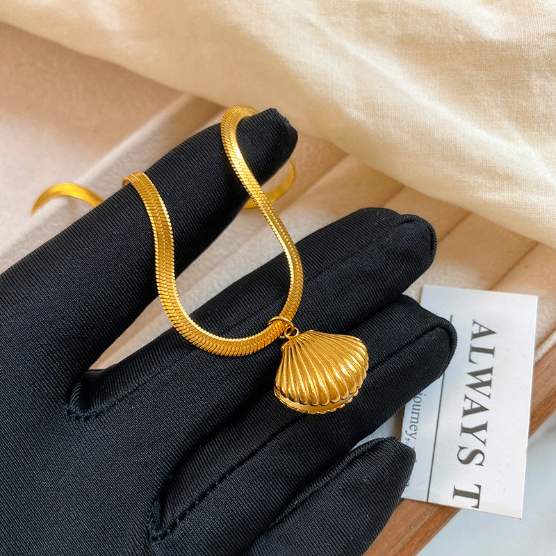 Minimalist Titanium Steel Snake Chain Necklace with Shell and Pearl Elements