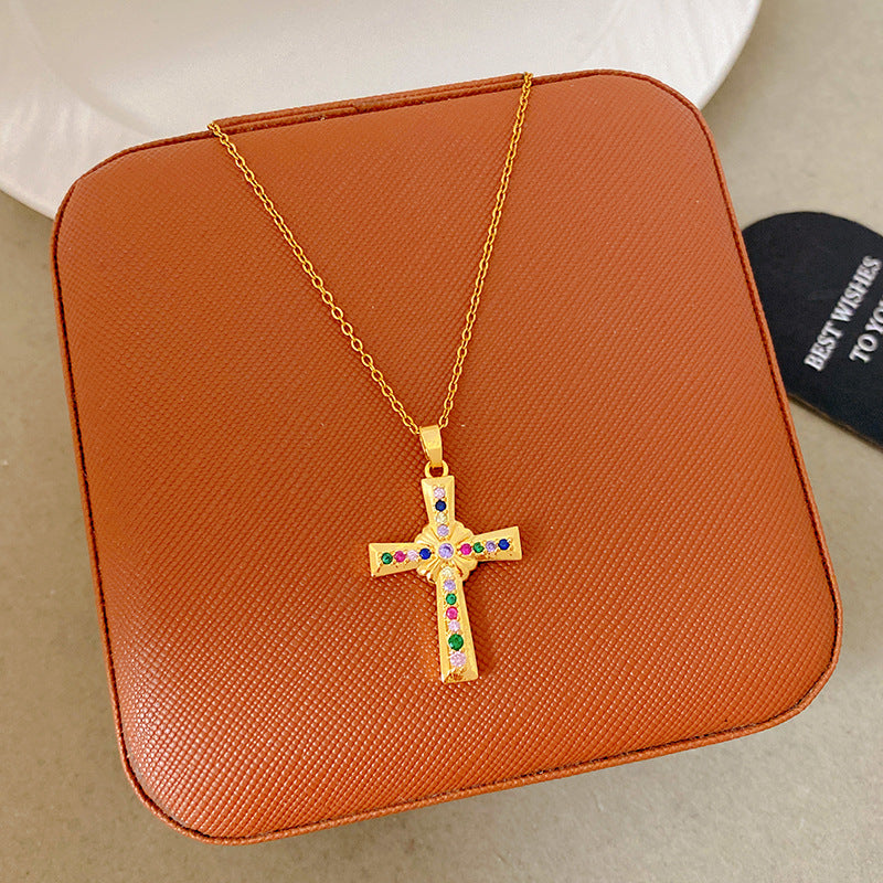 Sporty Sweet 18K Gold Plated Cross Titanium Steel Necklace with Cubic Zirconia for Women
