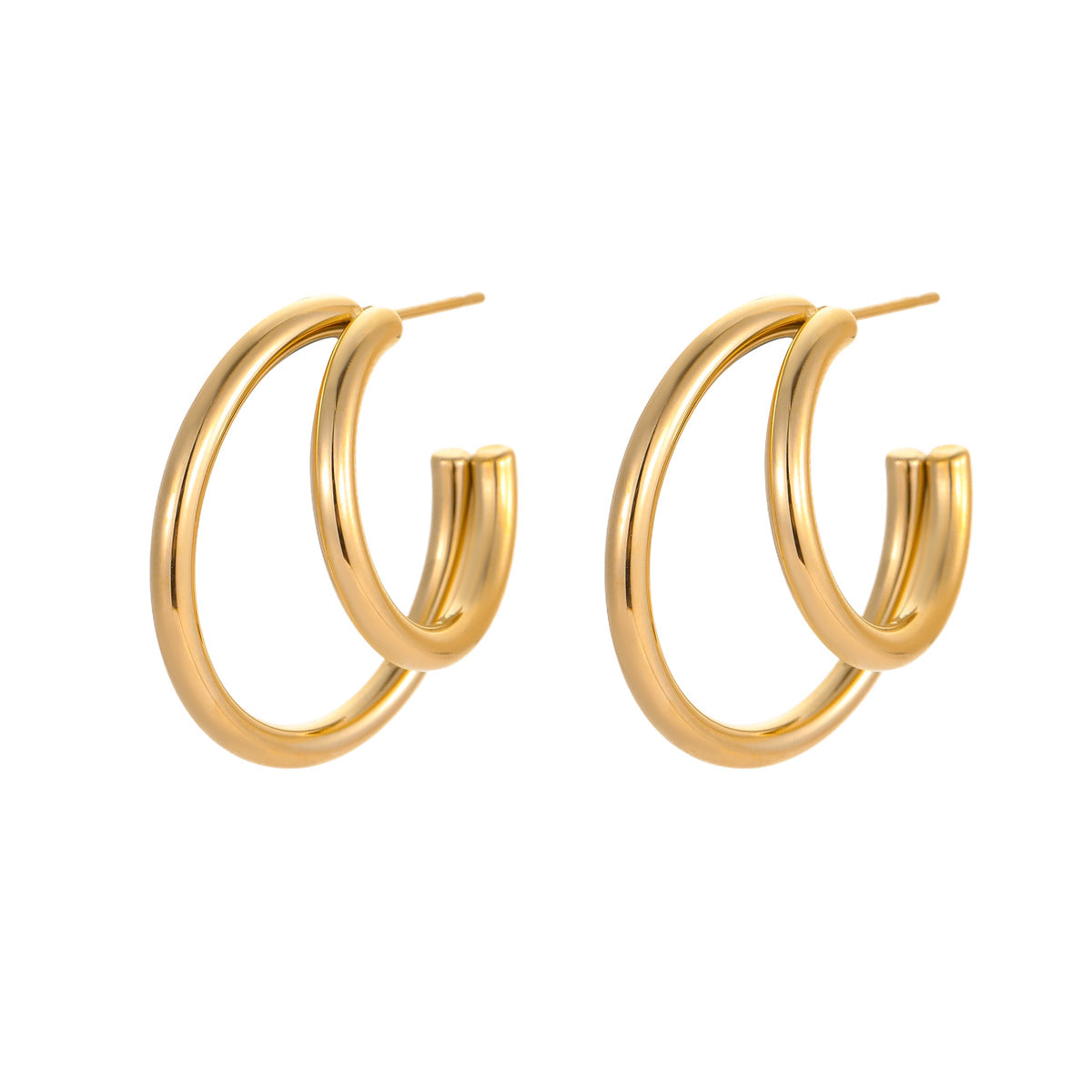 Aretes de Acero Inoxidable en Forma de C de Doble Capa Geométrica Minimalista para Mujer con Acabado Chapado