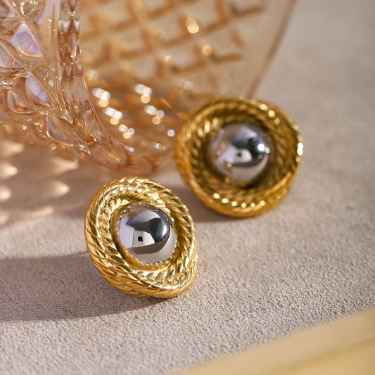 Trendy 18K Gold Plated Stainless Steel Round Threaded Texture Two-Tone Stud Earrings for Women