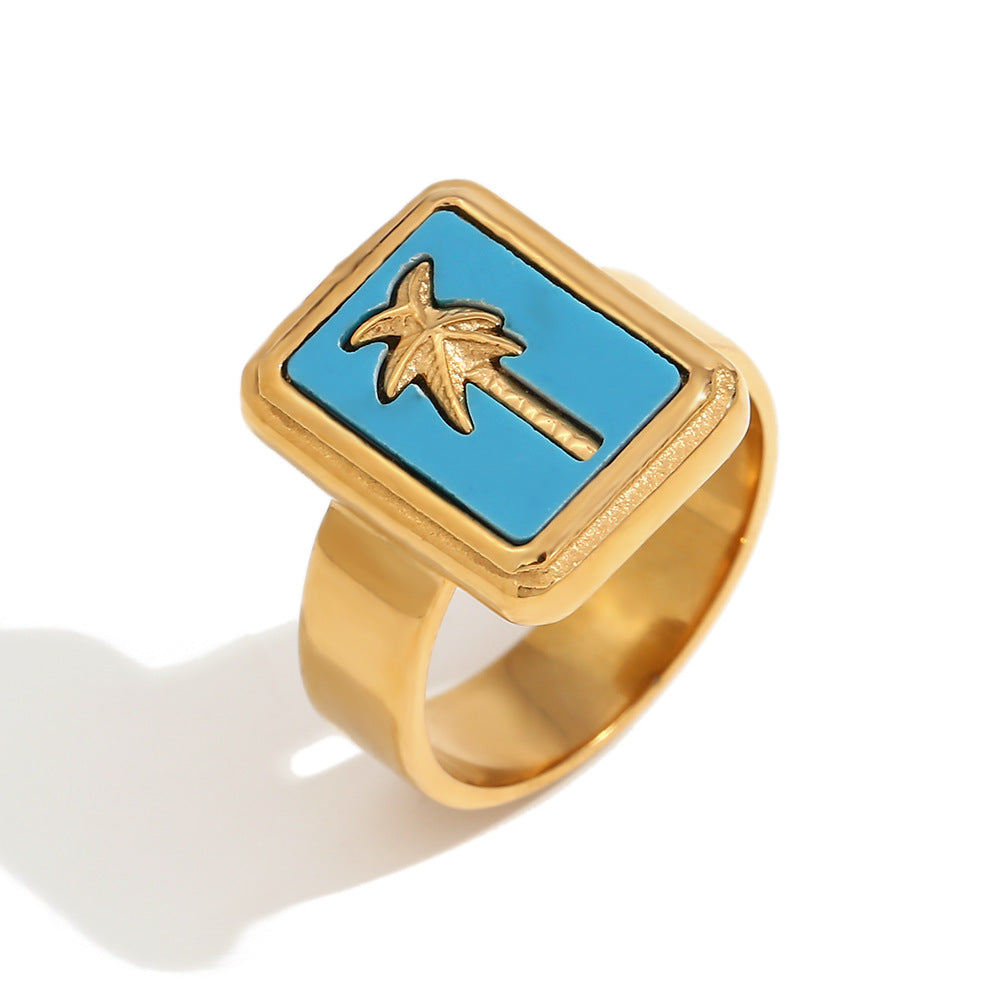 Minimalist Geometric Titanium Steel Ring with Gold Plating for Women Natural Stone Accent Fashion Office Wear