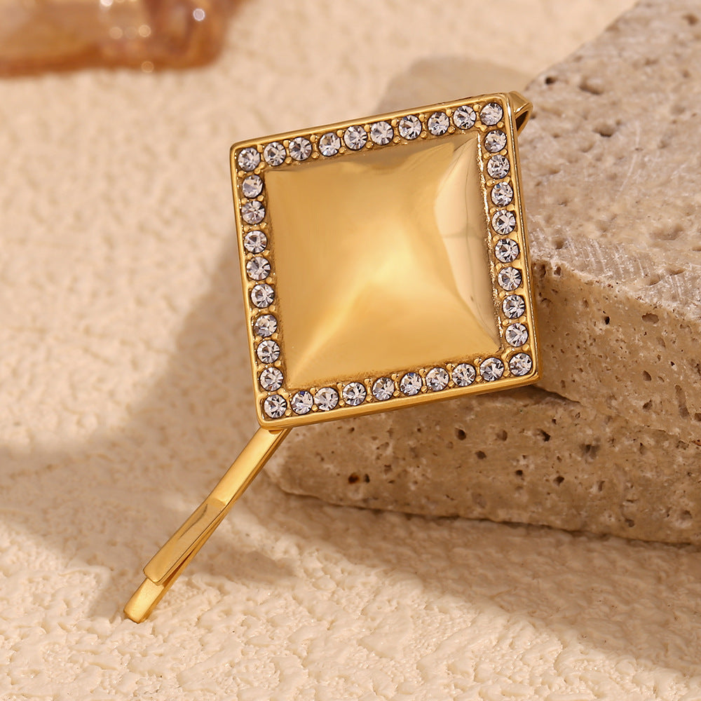 Minimalist Geometric Square Hair Clip in Stainless Steel with 18K Gold Plating and Rhinestone Accents