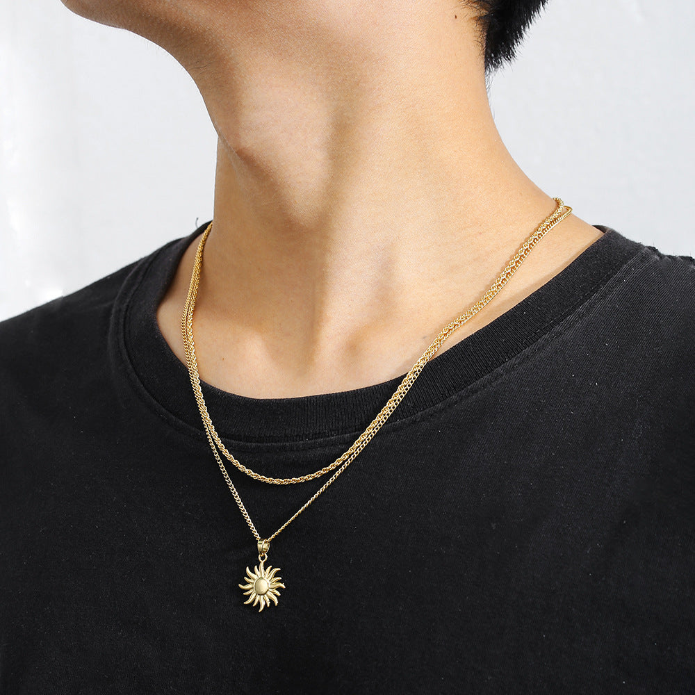 Minimalist Luxury Gold Plated Brass Geometric Sun Pendant Necklace Multi-layer Unisex