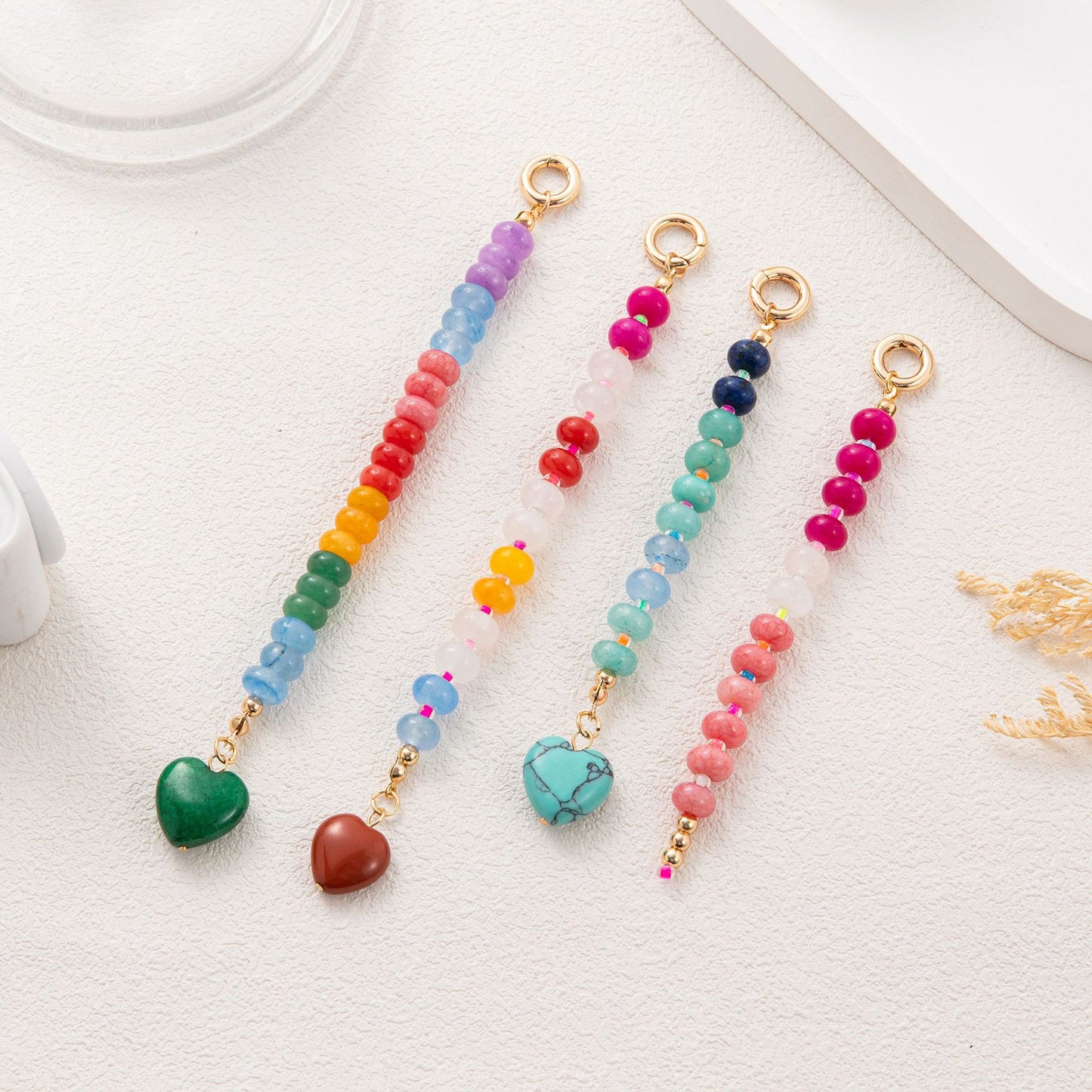 Sweet Heart Geometric Titanium Steel Plated Bag Charm Bar with Colorful Beads and Keychain