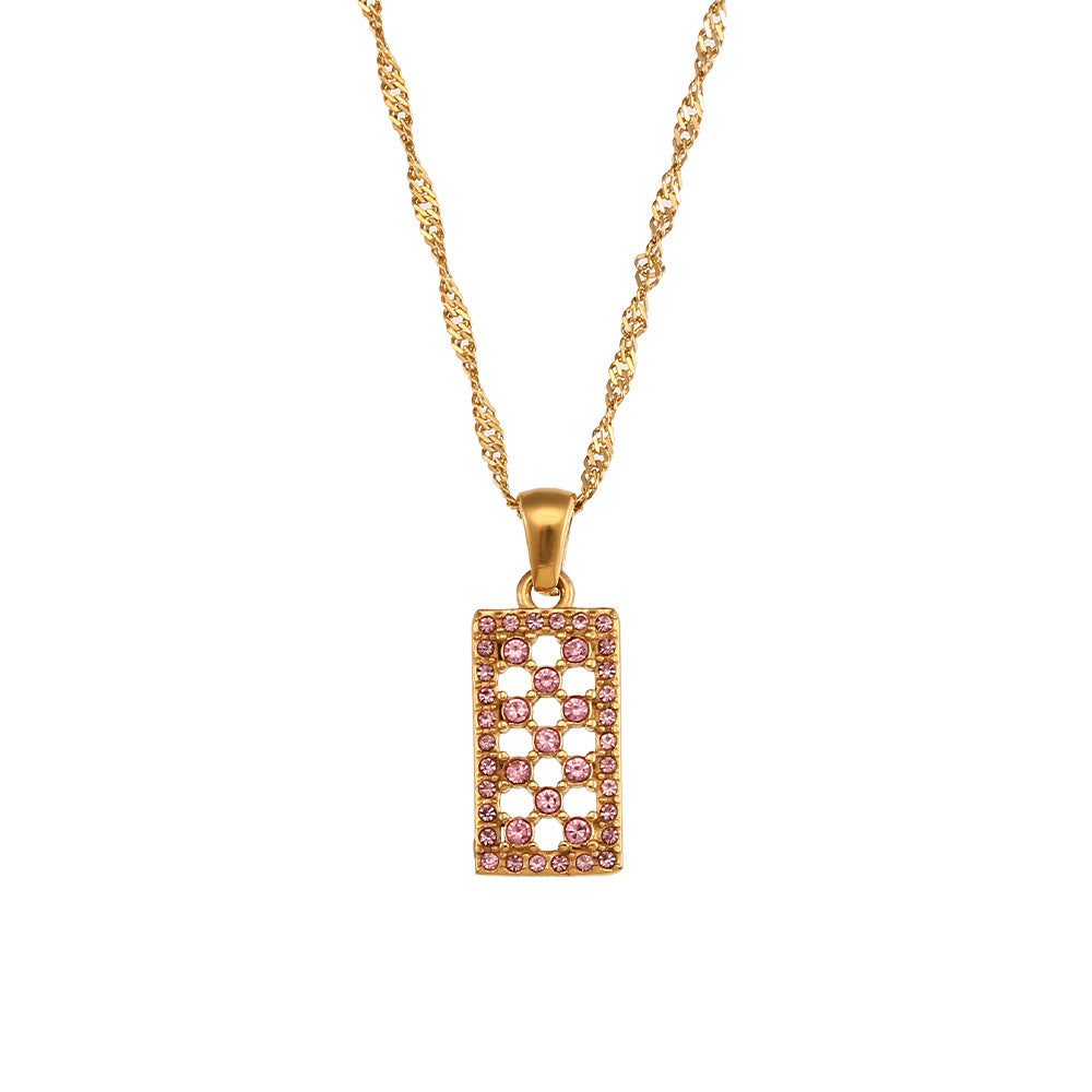 Fashionable Minimalist Geometric Hollow Long Pendant Necklace for Women in Stainless Steel with Rhinestone Inlay and Plated Finish