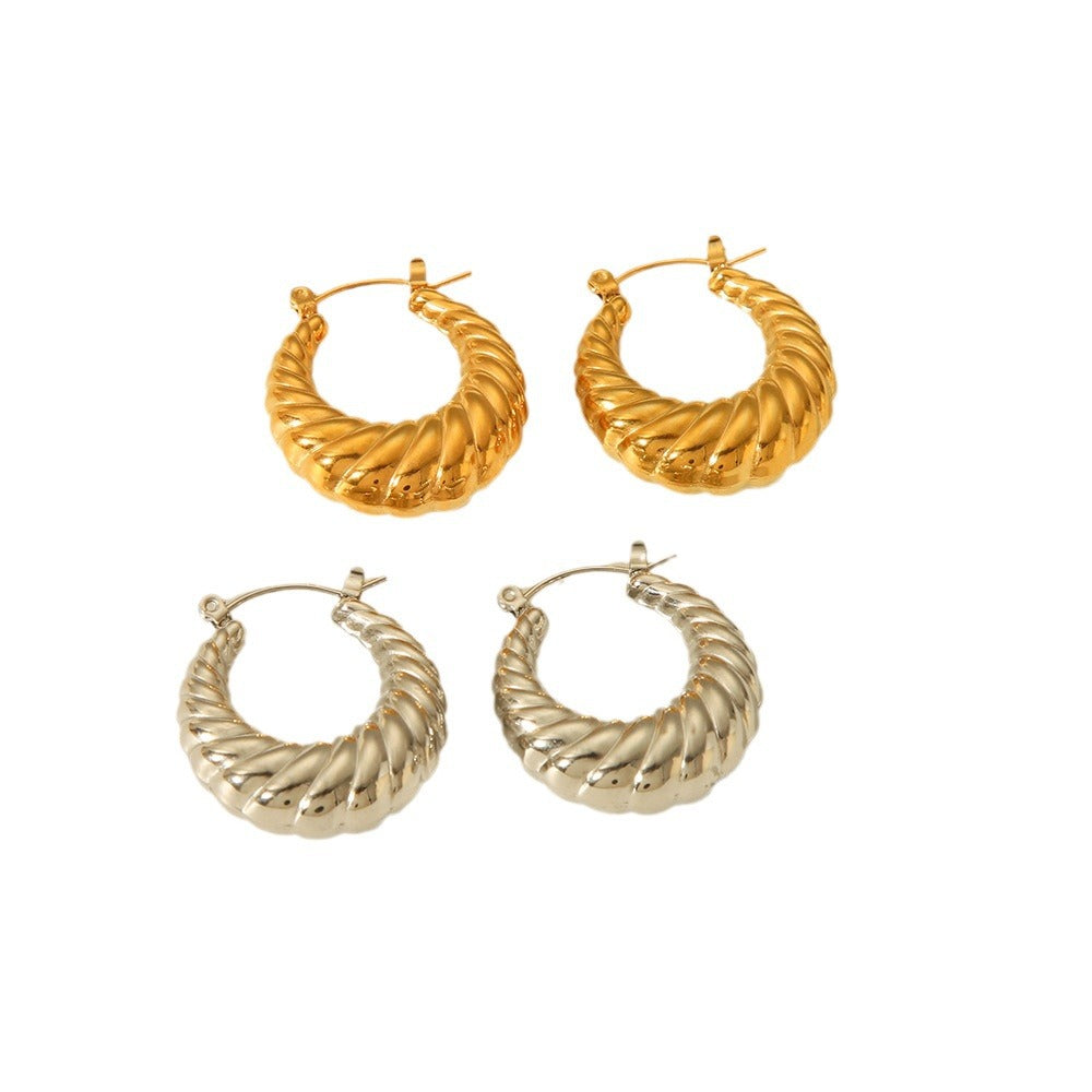 INS-Inspired Hollow Titanium Steel Ear Cuffs with 18K Gold Plating, Croissant-Shaped Geometric Earrings for Women