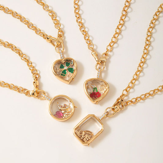 Vintage 18K Gold Plated Round Geometric Locket Pendant Charm Bar on Cable Chain Unisex Brass Titanium Steel Necklace