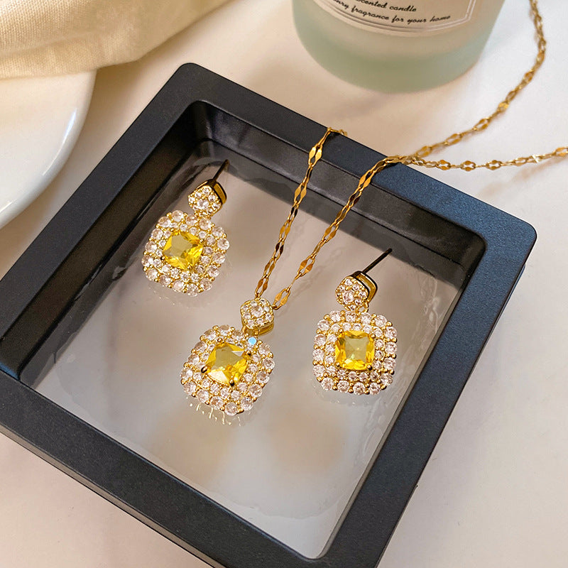 Sweet Minimalist Micro-set Cubic Zirconia Square Geometric Titanium Steel Pendant Necklace Earring Set
