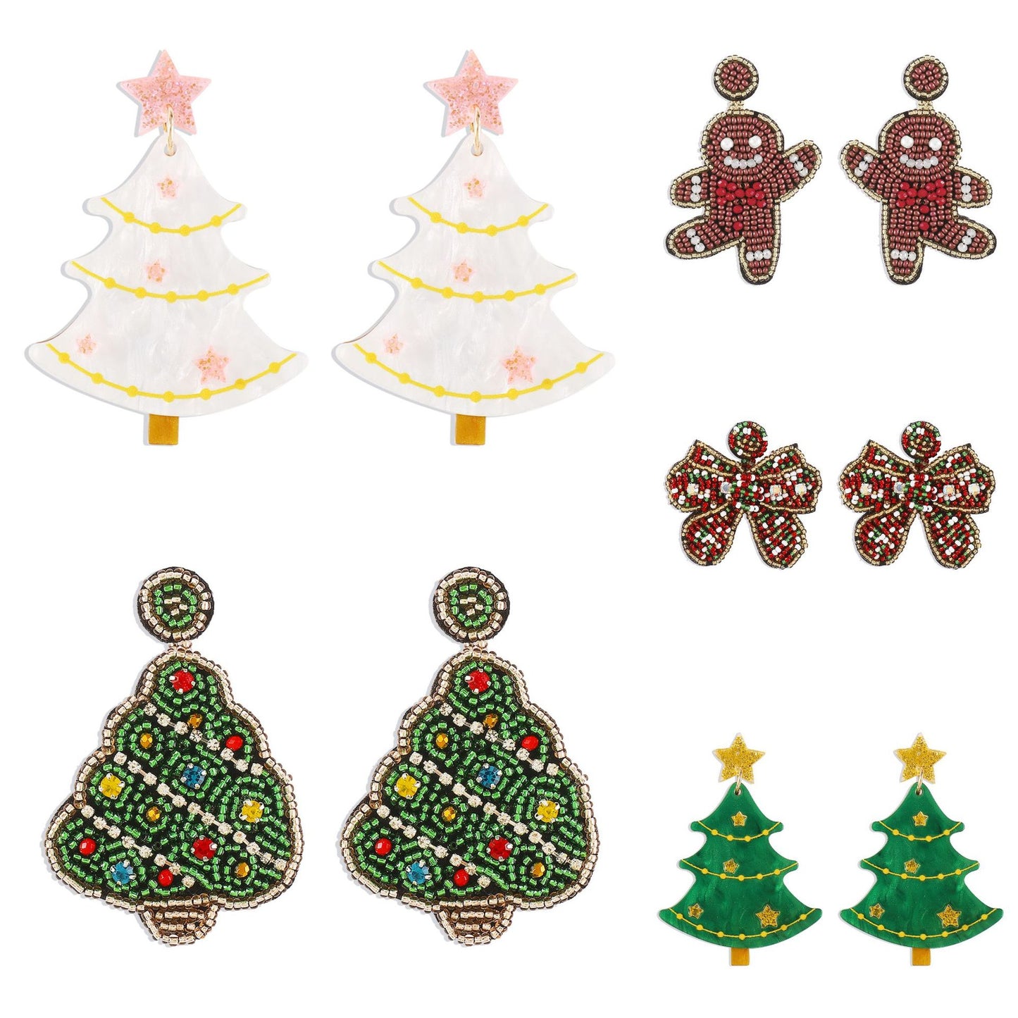 Pendientes acrílicos con forma de árbol de Navidad, con abalorios, cristales de estrás y base de PU. Joyería navideña geométrica hecha a mano.