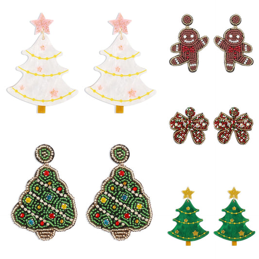 Sweet and Edgy Christmas Tree Shaped Acrylic Beaded Earrings with Crystal Rhinestones and PU Base Handcrafted Geometric Holiday Jewelry