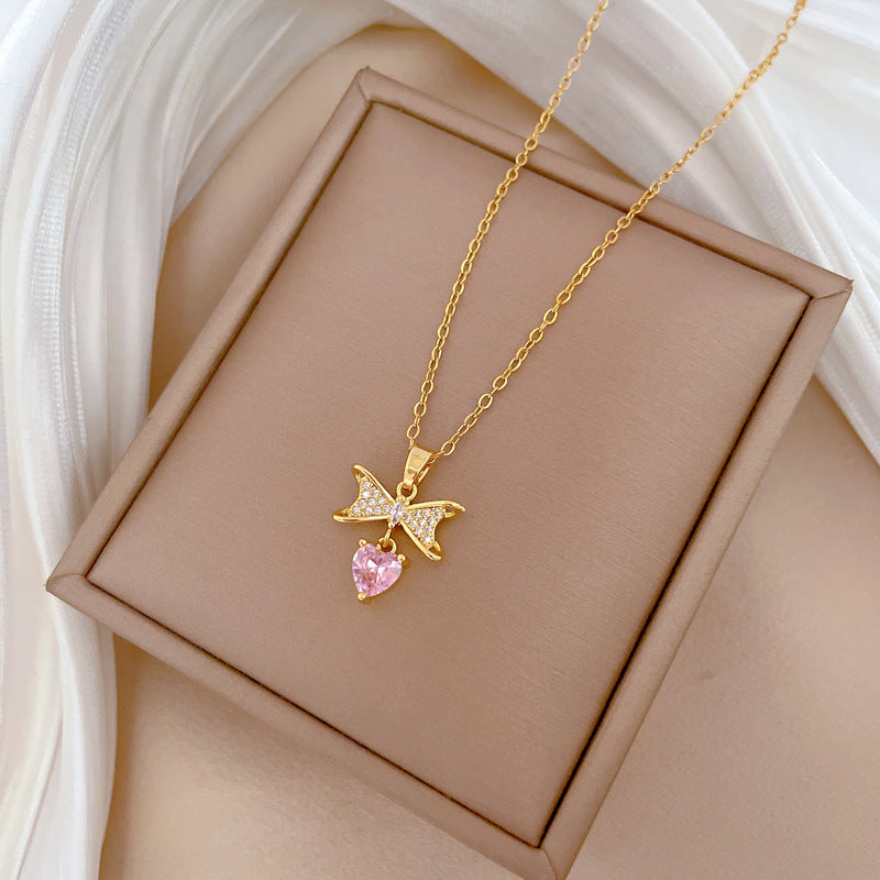 Collana con Pendente Lusso Dolce Acciaio al Titanio Fiocco Cuore Strass Unisex