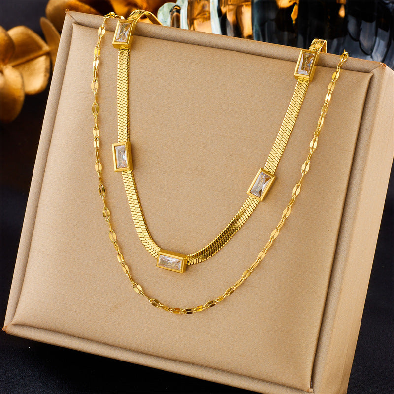 Vintage Fashion Double-Layer Blade Pendant Necklace in Titanium Steel with Rhinestone Inlay on Snake Chain for Women