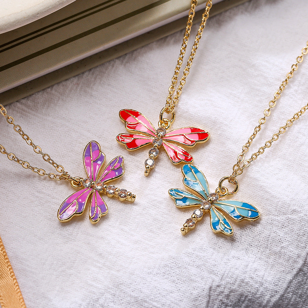Minimalist Dragonfly-Shaped Enamel Pendant Necklace for Women with Copper Base and 18K Gold Plating