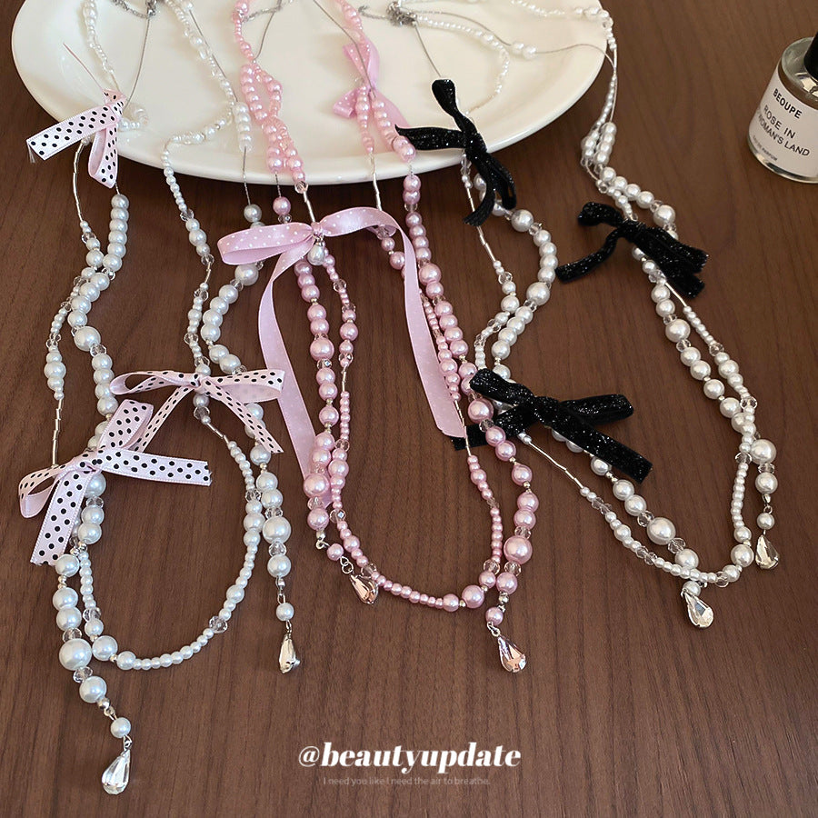 Elegante Collana Pendente con Fiocco di Strass in Stile Francese con Dettagli in Perle Sintetiche, Delicata Catenina per Maglione da Donna, Chic Minimalista per l'Uso Quotidiano