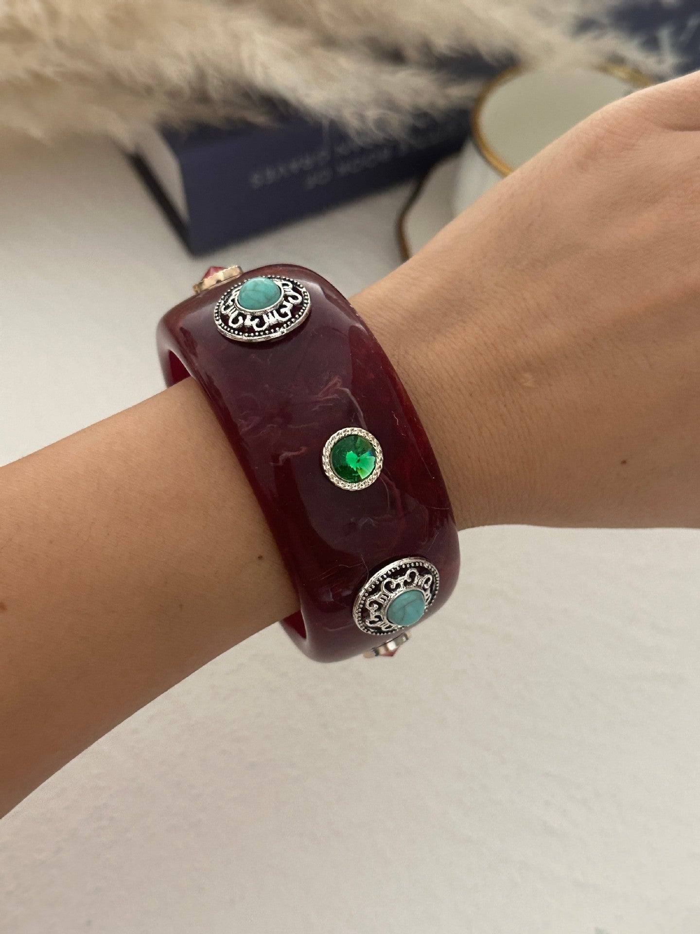 Ethnic Geometric Round Floral Acrylic Bracelet with Rhinestone and Turquoise Inlay Plated Finish