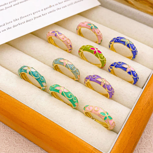 Anello Tondo da Donna Elegante di Lusso con Smalto Floreale Placcato in Lega con Olio a Goccia