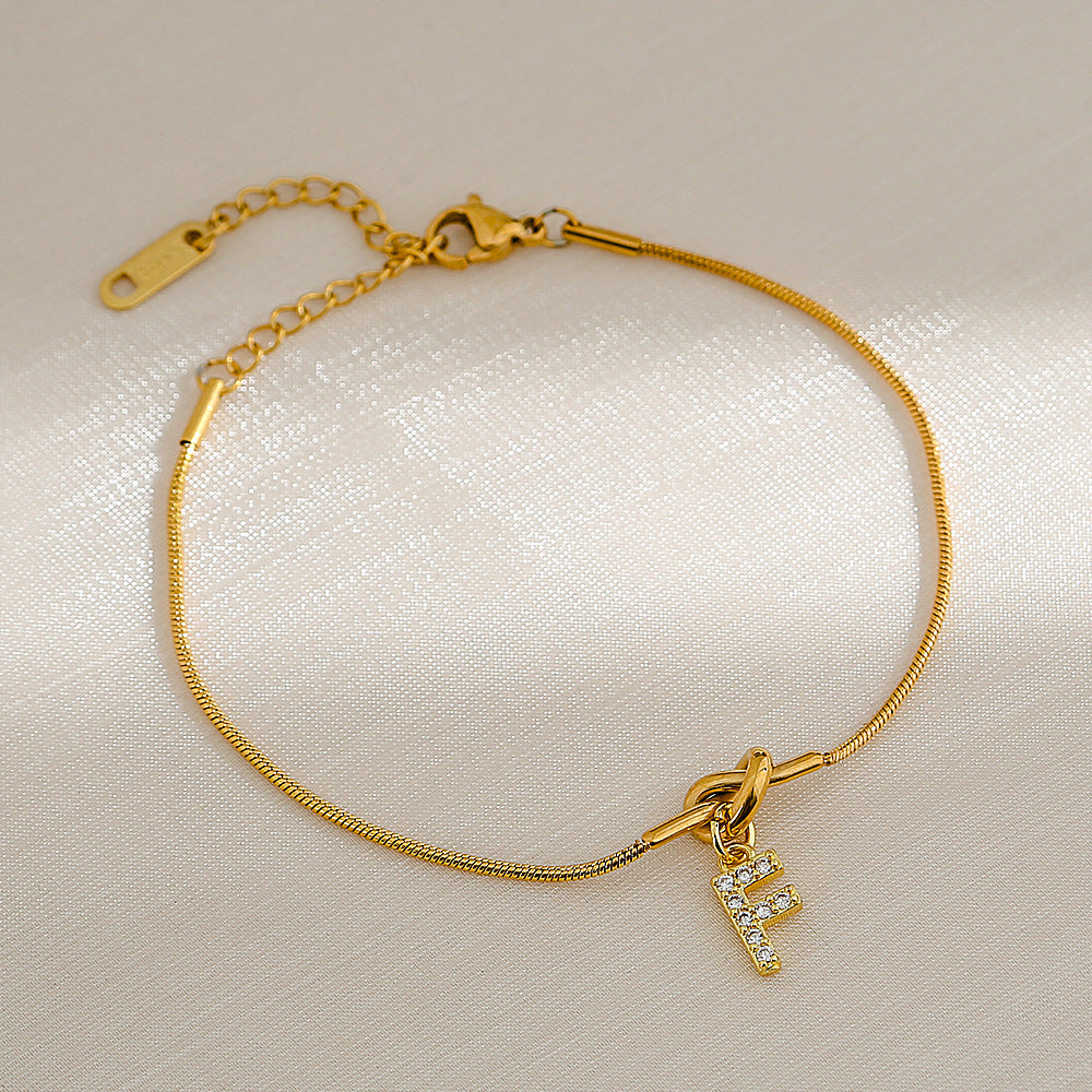 18K Gold Plated Stainless Steel Letter Heart Knot Charm Bar Bracelet for Women