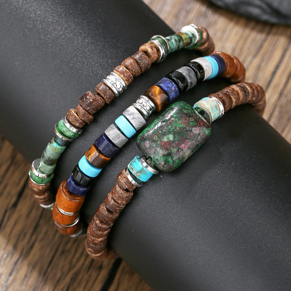 Vintage Streetwear Geometric Natural Stone and Wood Beaded Bracelet Set