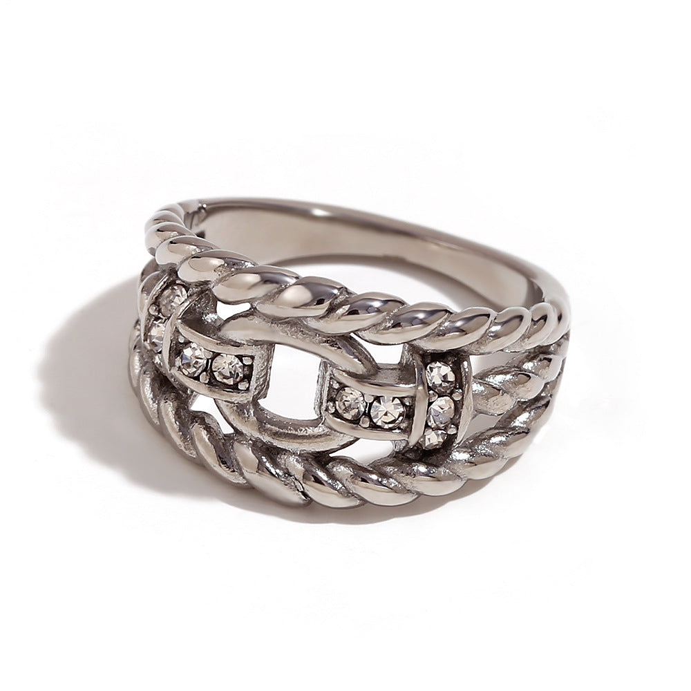 Minimalist Geometric Stainless Steel Ring with 18K Gold Plating and Micro-Paved Zirconia for Women