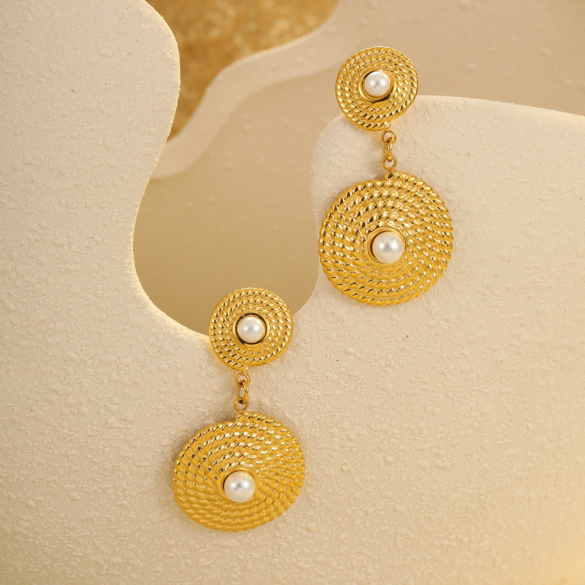 Fashionable French-Inspired Geometric Earrings with Pearl Inlay, 18K Gold-Plated Stainless Steel Studs for Women