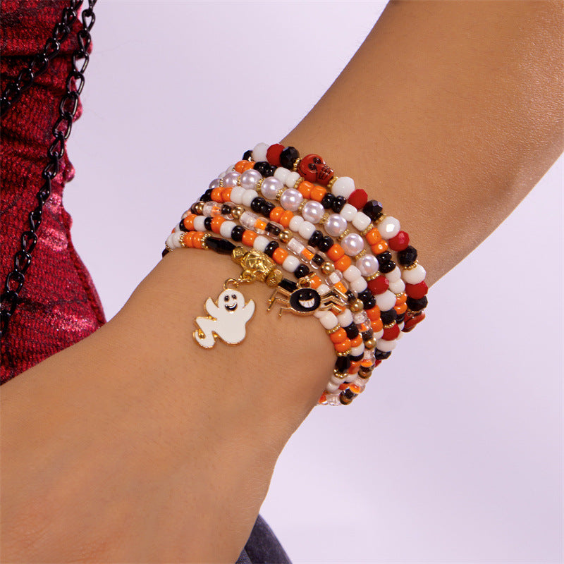 Juego de pulseras de aleación con dije de fantasma y calavera de Halloween dulce y atrevido con detalles de cuentas, regalo de festival unisex