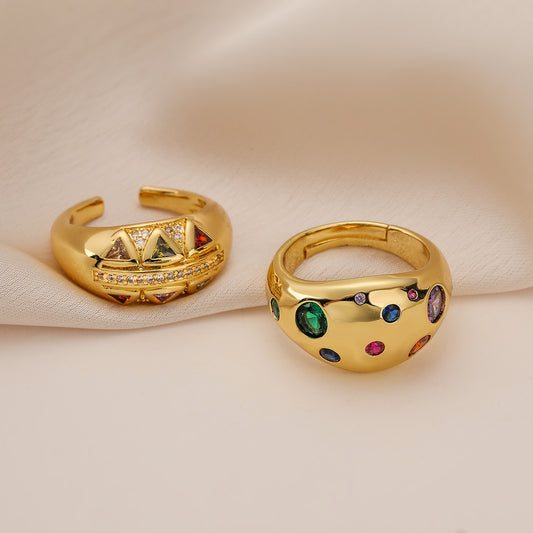Anillo Abierto Geométrico Minimalista para Mujer de Latón con Circonitas Microengastadas, Joyería de Lujo de Inspiración Vintage
