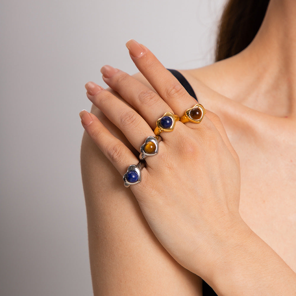 Fashion 18K Gold Plated Stainless Steel Heart Shape Tiger Eye Stone Ring for Women