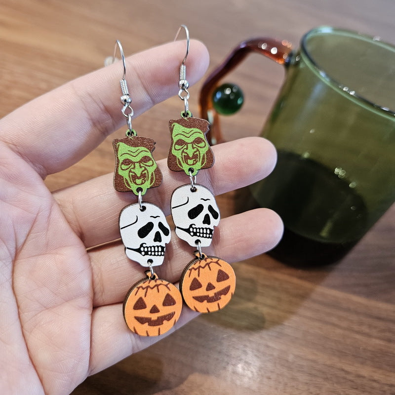 Pendientes de madera exagerados de Halloween con diseño de calavera fantasma y calabaza de dibujos animados para mujer