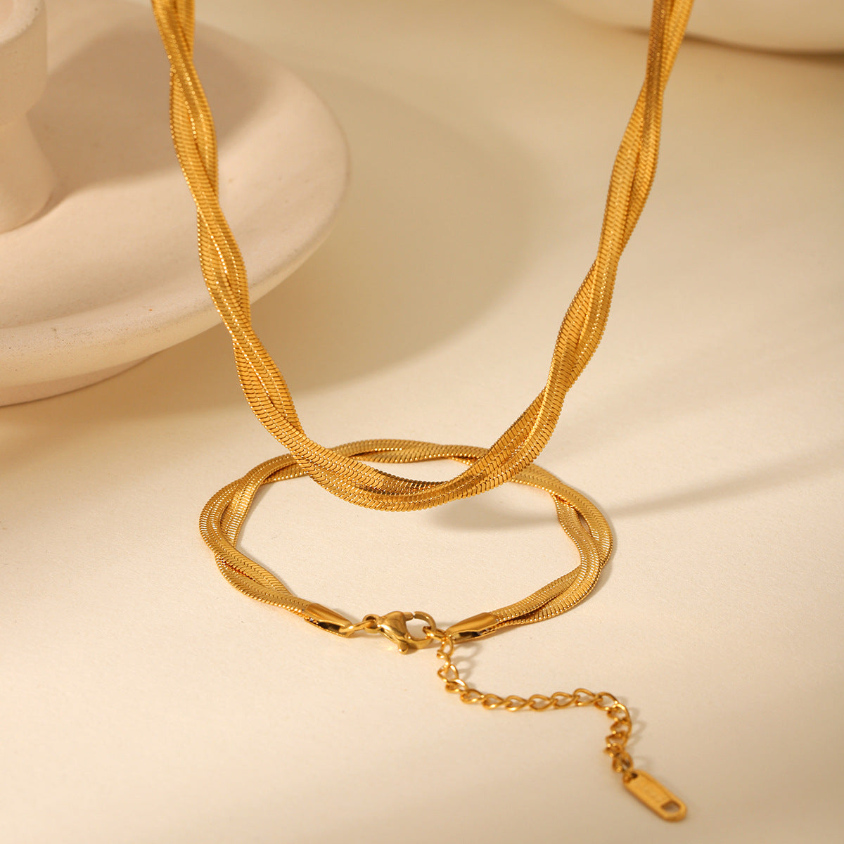 Trendy Geometric Double Layer Flat Snake Chain Necklace 18K Gold Plated Stainless Steel Blade Chain Jewelry for Women