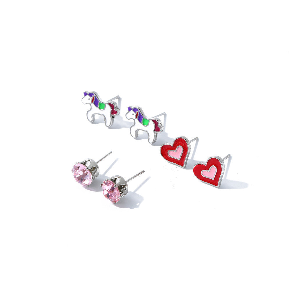Juego de pendientes de unicornio de dibujos animados con arcoíris para niños, aleación con acabado esmaltado e incrustaciones de cristal rosa