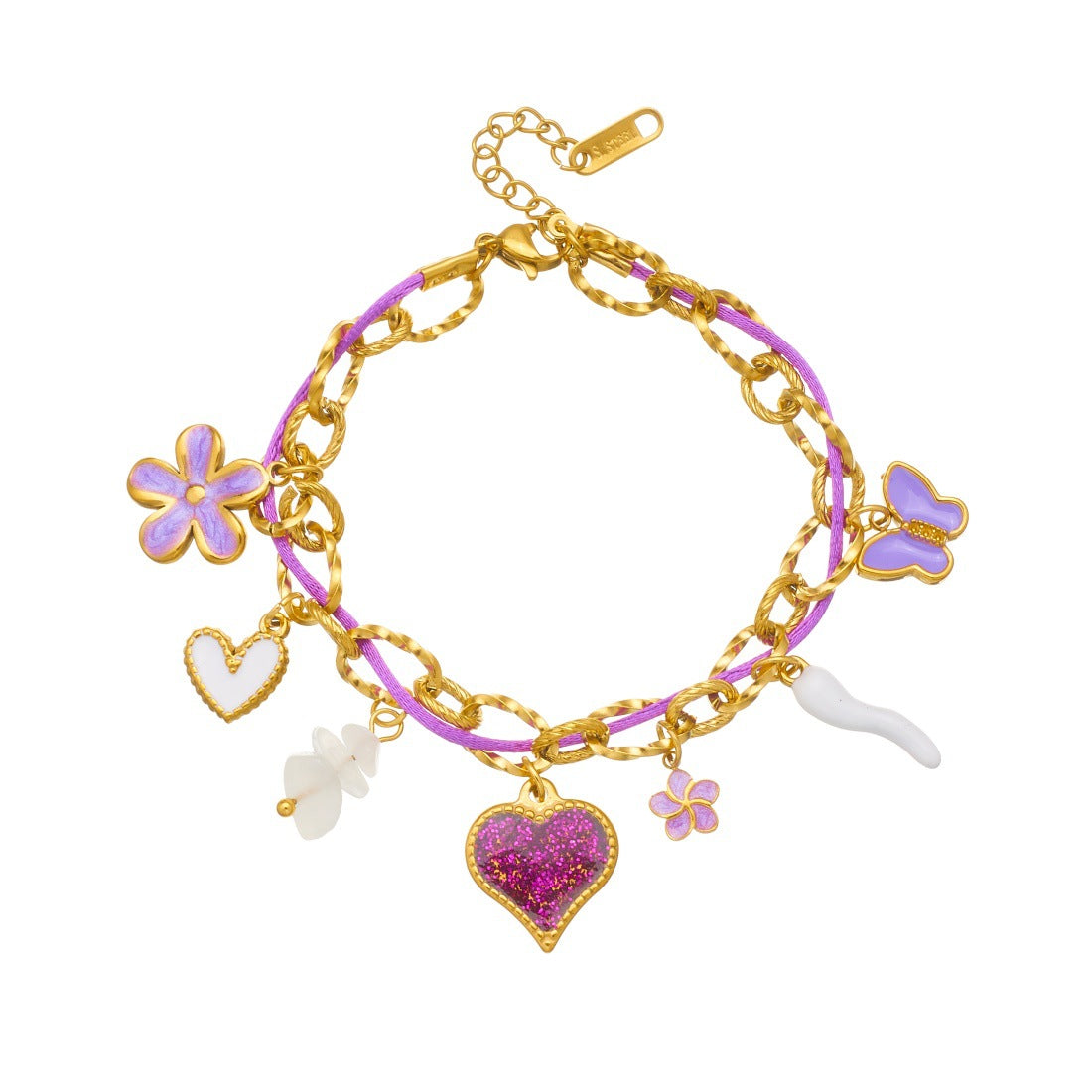 Sweet Purple Drip Oil Butterfly Heart Floral Stainless Steel Pearl Bracelet