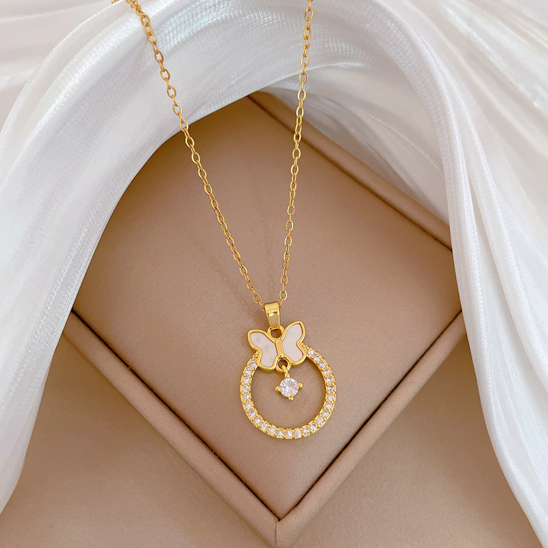 Luxury Full-Rhinestone Butterfly Pendant Necklace for Women Titanium Steel Chain Delicate Clavicle Jewelry Geometric Design