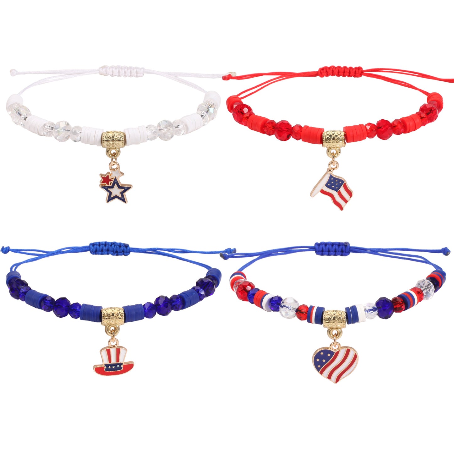 Patriotic American Flag Woven Adjustable Bracelet with Heart Star Butterfly Round Crystal Charms Red White Blue Unisex Jewelry
