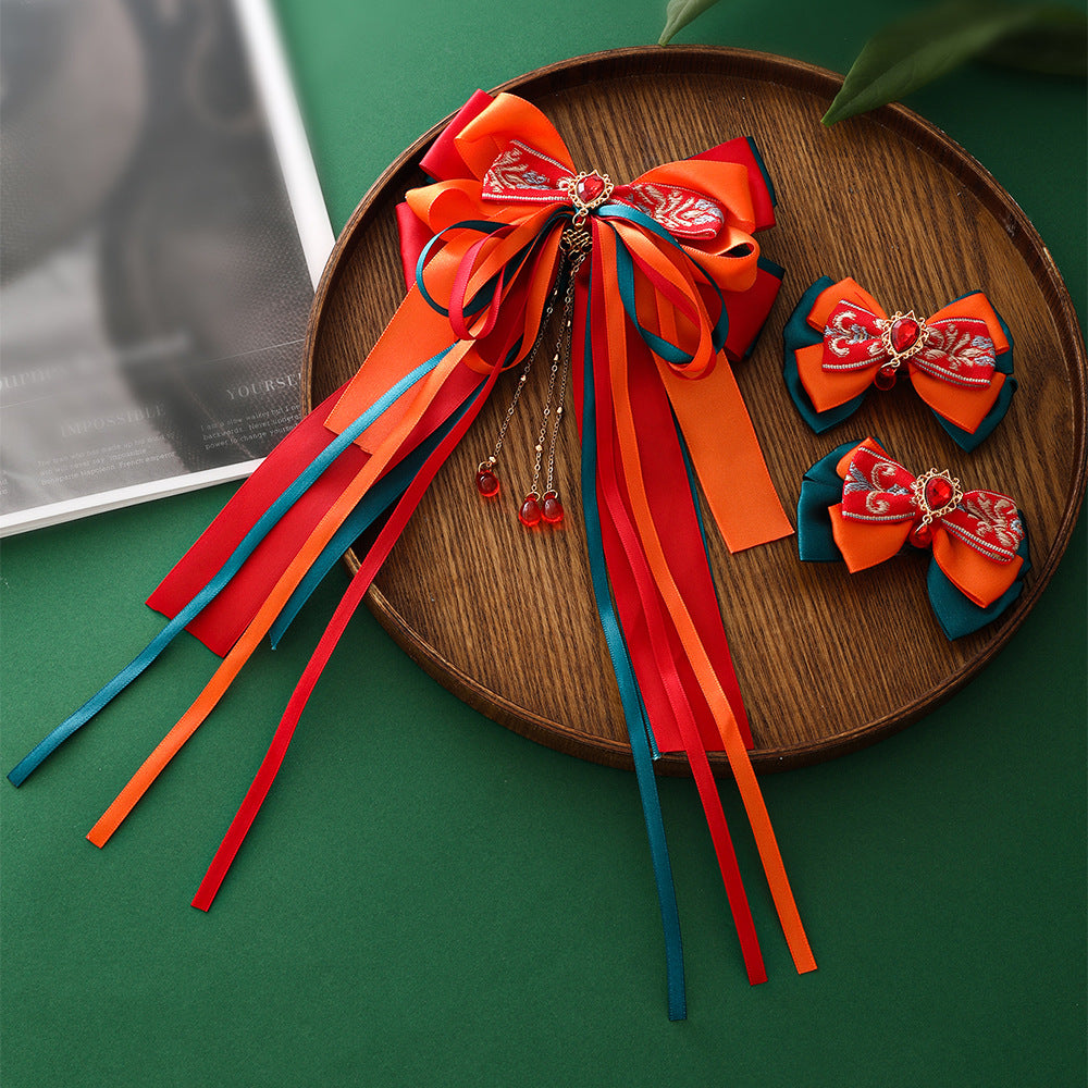 Set di fermagli per capelli tradizionali cinesi vintage per bambini con fiocco, in tessuto, fatti a mano, accessori per capelli in stile Dongfang