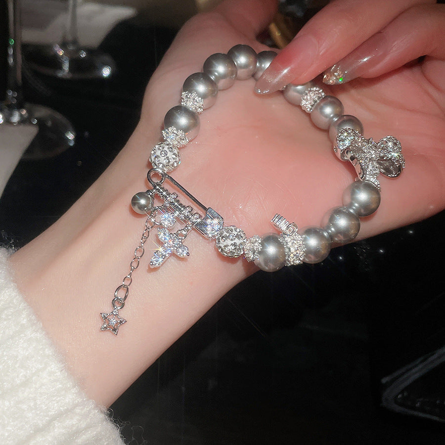 Elegante pulsera geométrica de perlas para mujer con detalles de pedrería, acabado chapado, estilo minimalista para oficina, joyería de lujo para uso diario