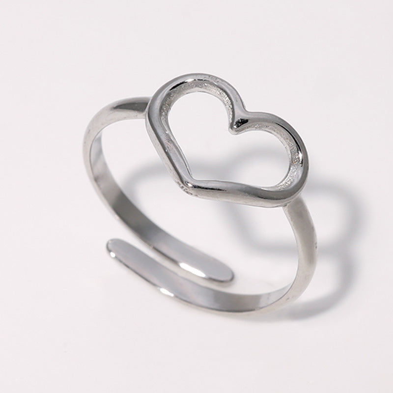 Sweet Minimalist Heart-Shaped Stainless Steel Open Ring with 18K Gold Plating for Women