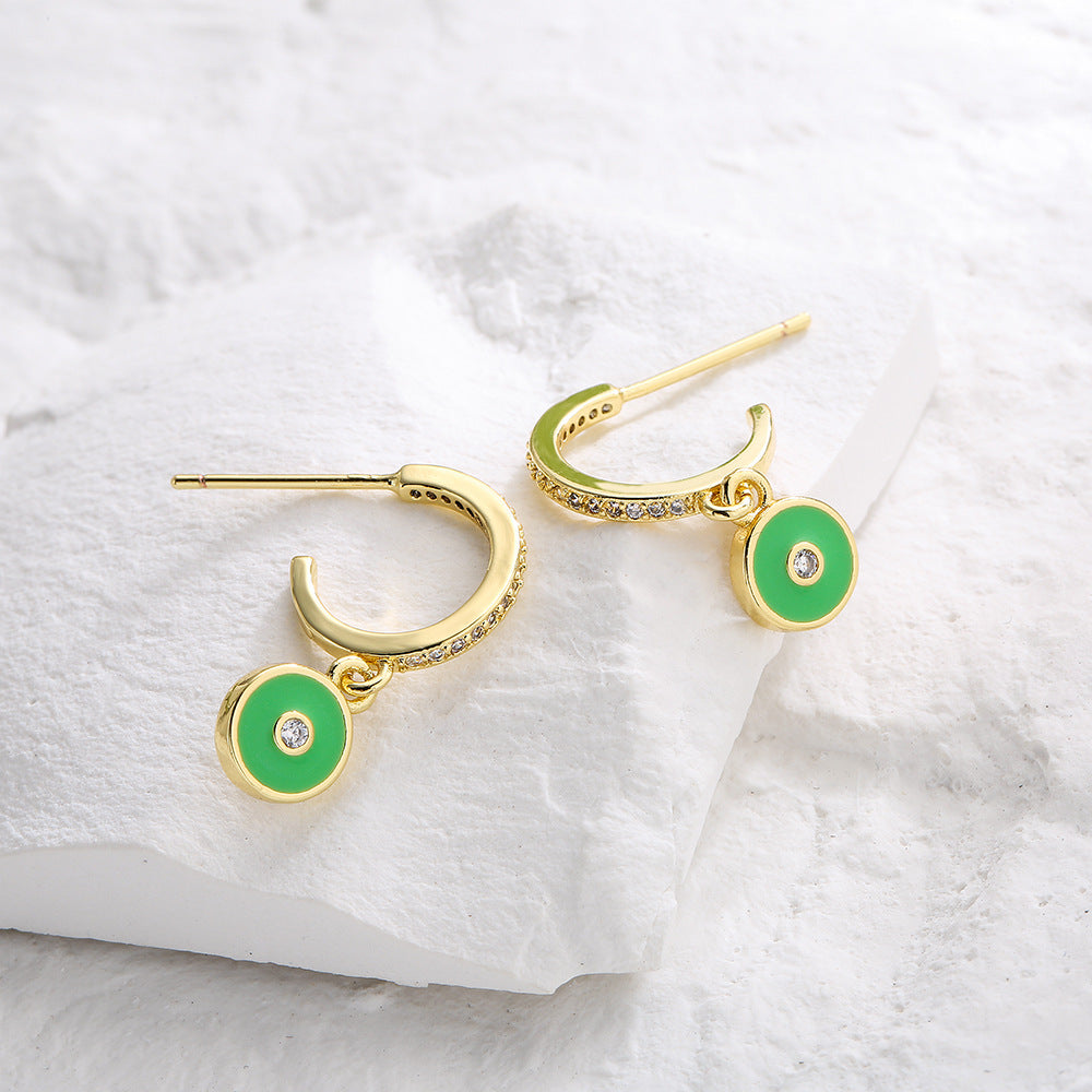 Cartoon Style Geometric Copper Earrings with 18K Gold Plating and Enamel Eye Design for Women
