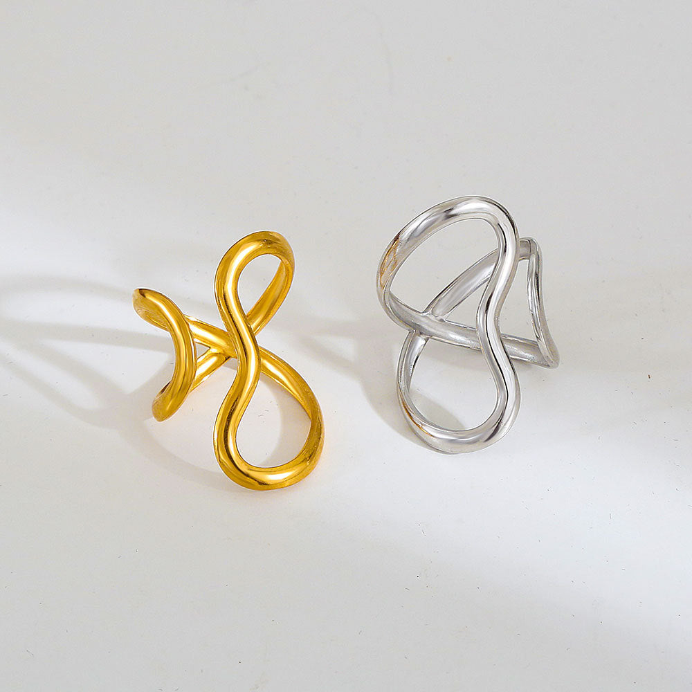 Anello aperto in acciaio al titanio con forma geometrica per donna, con finitura lucida e stile minimalista all'avanguardia