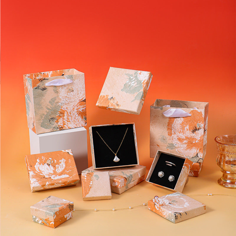 Caja de embalaje de joyería con diseño floral irregular naranja estilo pintura al óleo para collares, pulseras, pendientes y anillos