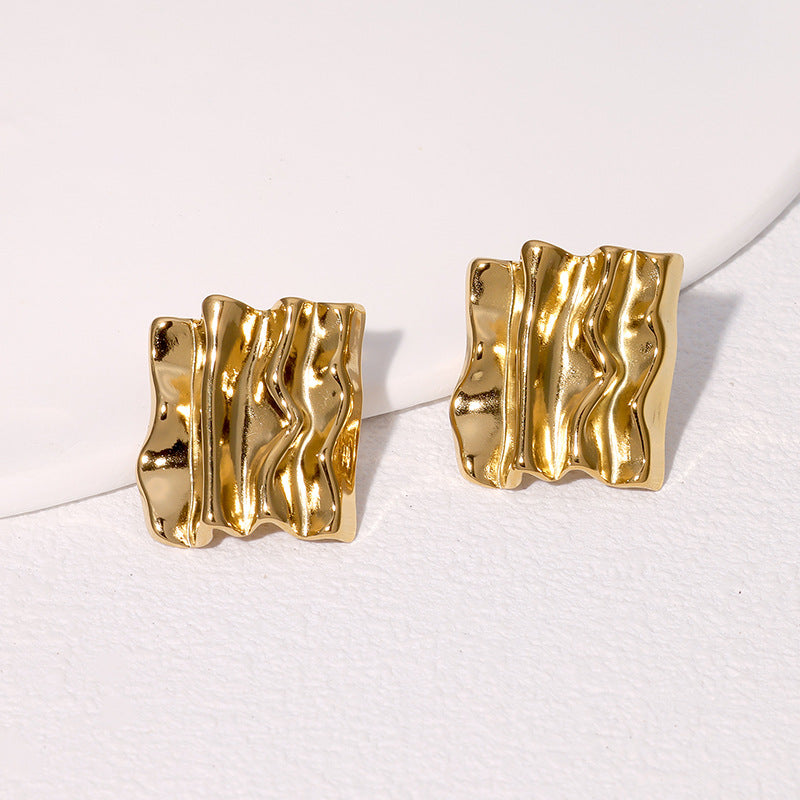 Vintage French-Style Textured Irregular Geometric Stainless Steel Earrings for Women with Gold Plating