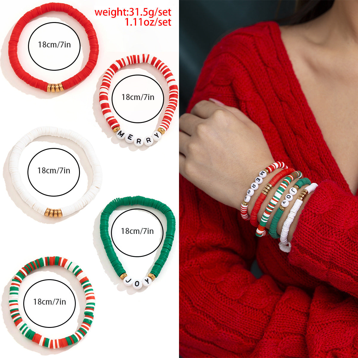 Set de pulseras de resina con forma de letra con motivos navideños de renos y campanas para mujer