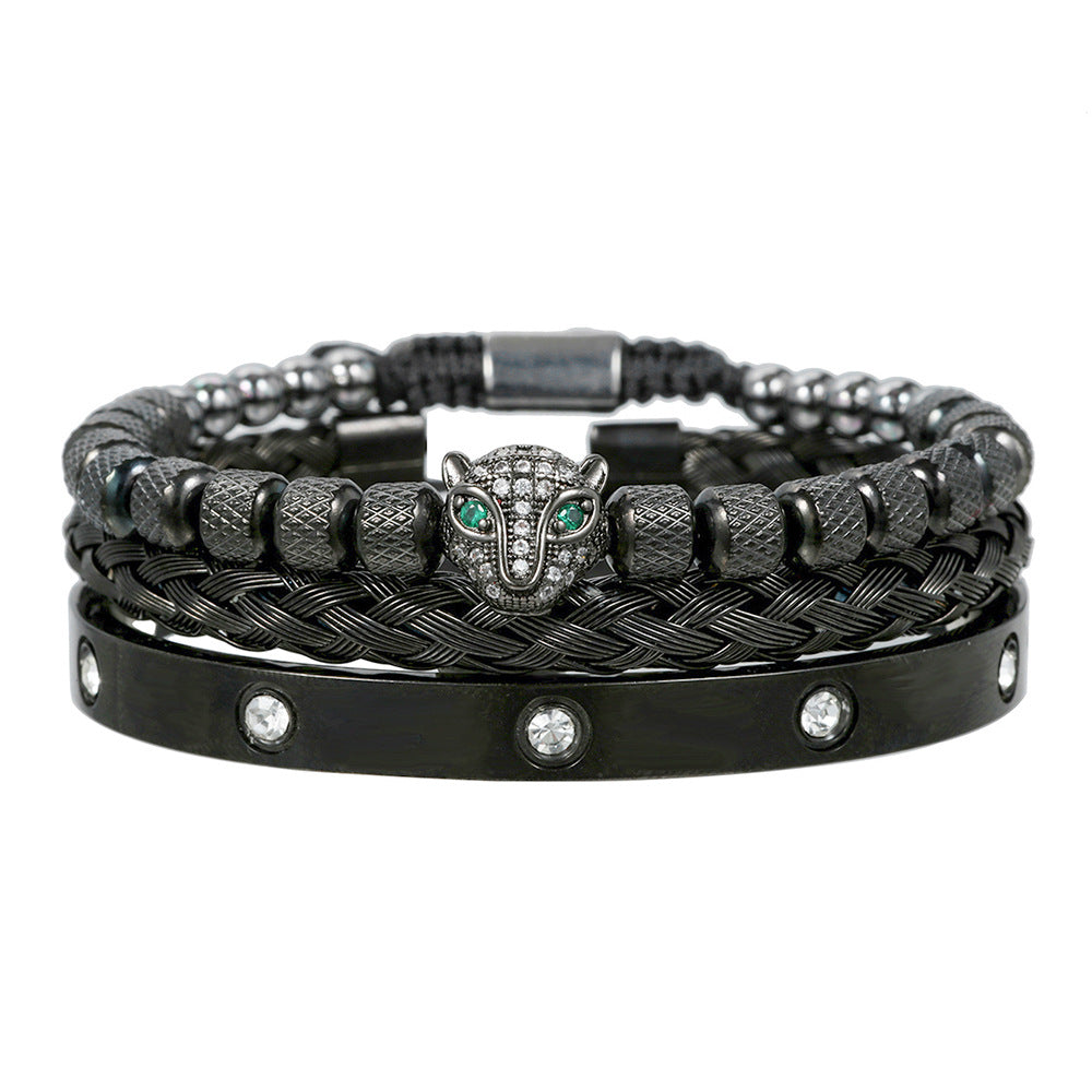 Vintage Leopard Head Geometric Inlaid Cubic Zirconia Stainless Steel Woven Bracelet Set
