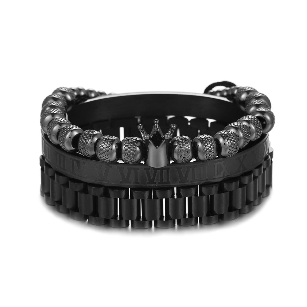 Crown Shape Cubic Zirconia Inlay Stainless Steel Rope Chain Bracelet Set for Unisex