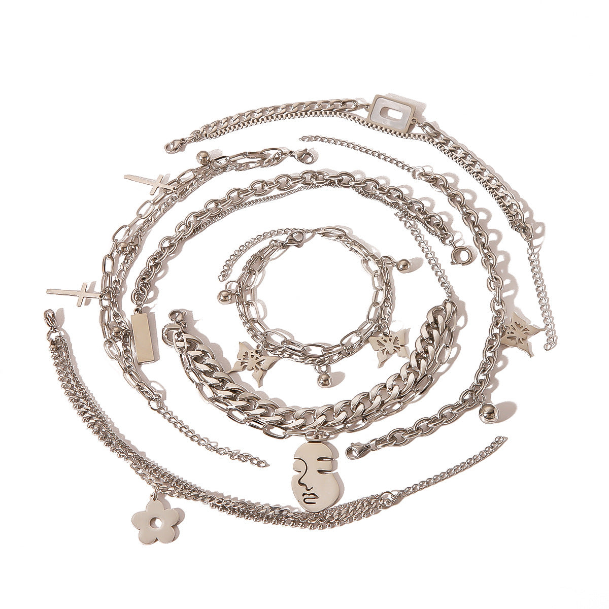 INS Style Butterfly and Cross Pendant Stainless Steel Multi-Layer Cuban Bracelet with Gold Plating for Unisex