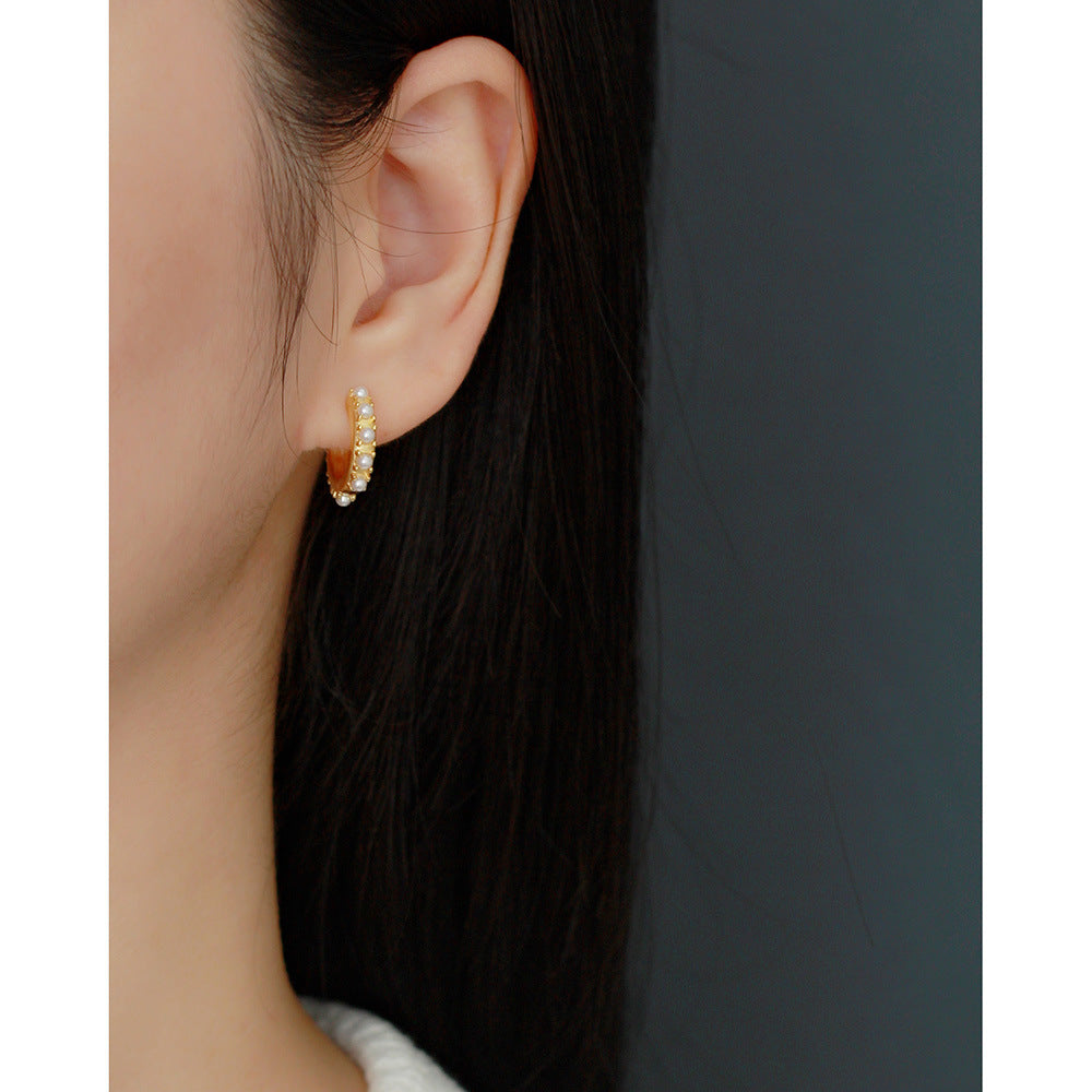 Elegantes pendientes de aro de plata de ley 925 con perlas incrustadas, redondos y geométricos, para mujer