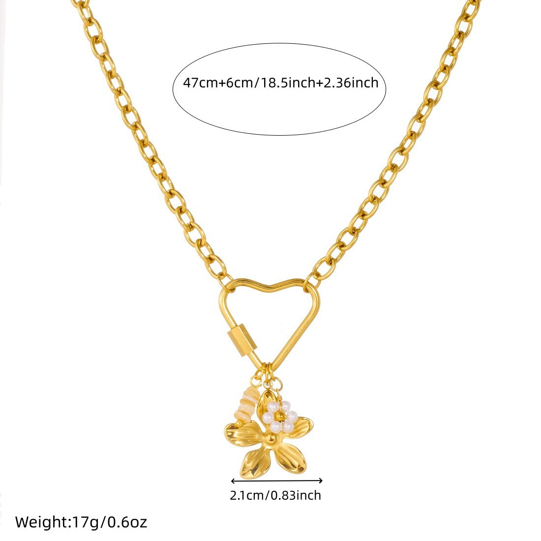 Casual Gold Plated Heart Lily of the Valley Pearl Pendant Stainless Steel Curb Chain Necklace for Women