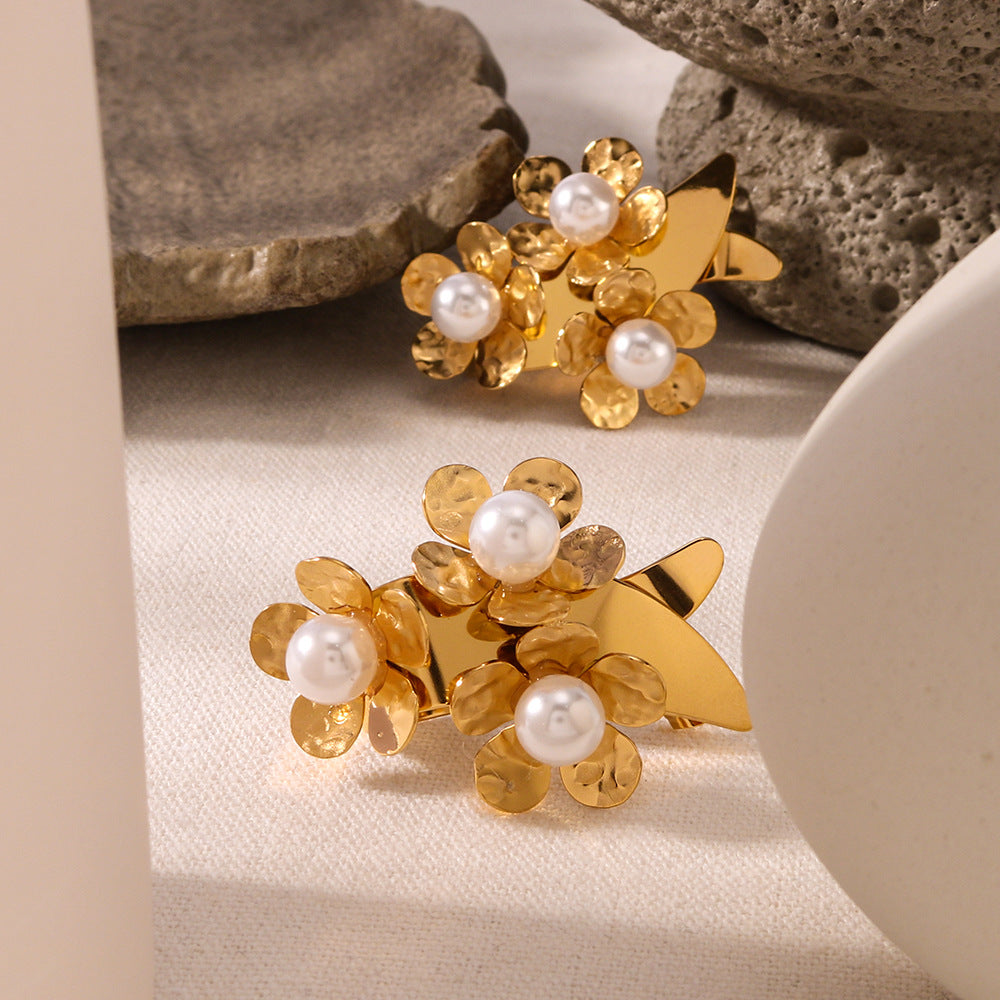 Orecchini da donna minimalisti in acciaio inossidabile con perle a fiore, forma geometrica e placcatura oro